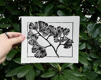 Ginkgoblätter – Schwarz | Originaler handgefertigter Linolschnitt | Thyme & Space Design