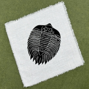 Puede incluir: Una ilustración en blanco y negro de un fósil de trilobites impreso en una tela de lino blanca con un borde deshilachado.