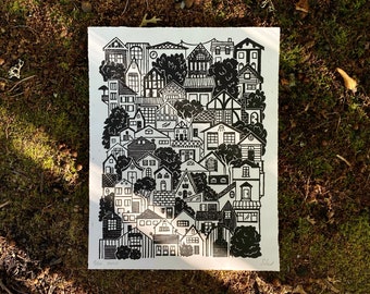 Hillside Houses | Linocut Print | Thyme & Space Design