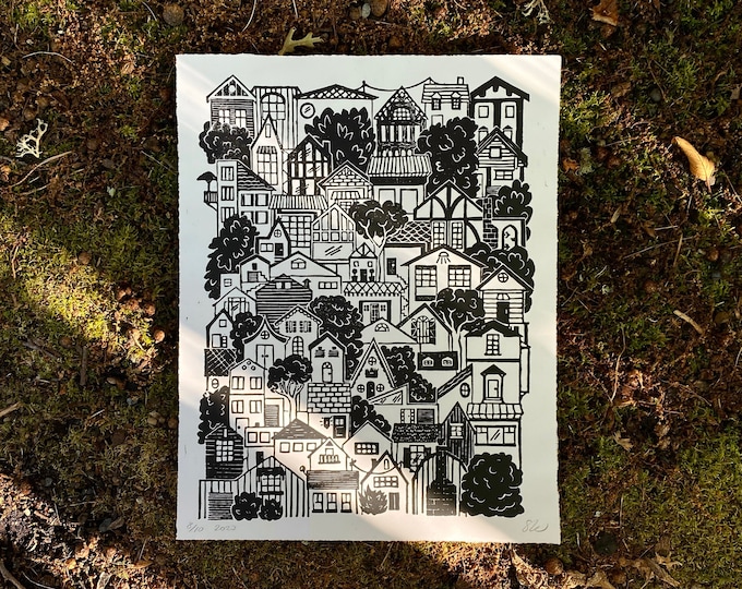 Hillside Houses – Black | Original Handmade Linocut Art Print | Thyme & Space Design