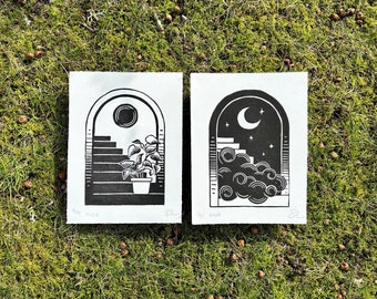 Night and Day Arches | Original Handmade Linocut Art Print Set | Thyme & Space Design