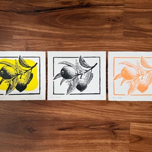the print with two other variations. one is the lemons image in black, and the other is the lemons image in black with a yellow blob behind it.