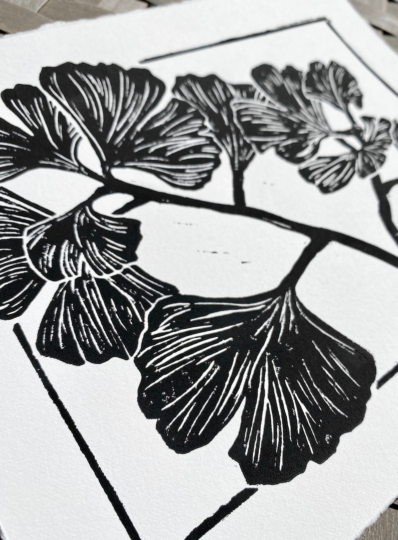a close-up of the print, showing the detail of the leaves. the leaves are black with thin white lines to show veins and texture.