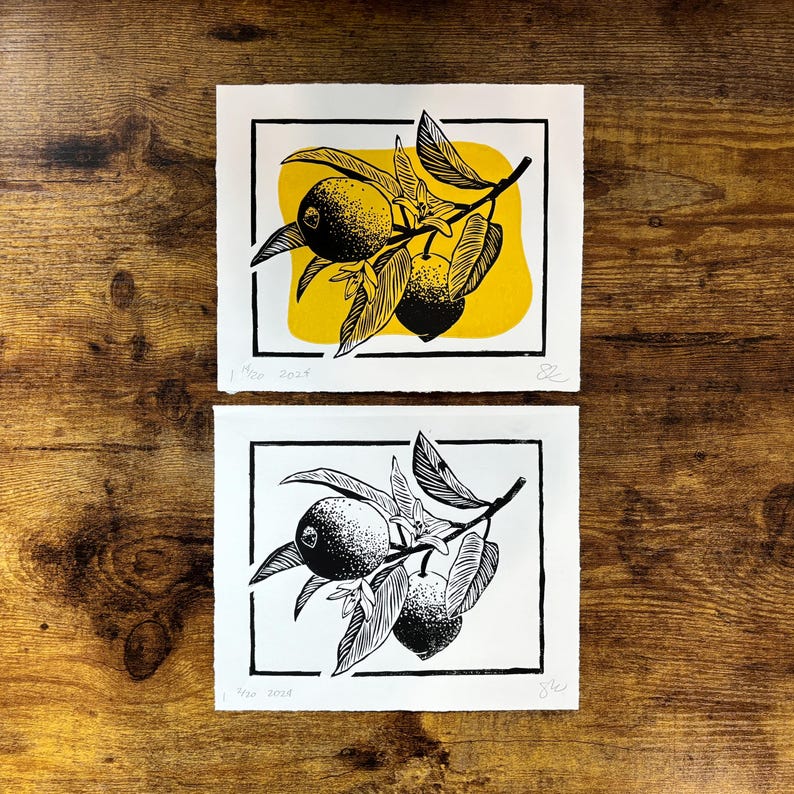 Two copies of the lemons print. the bottom one is this listings print in only black ink, and the top print has a yellow color block behind the same black lemon image.