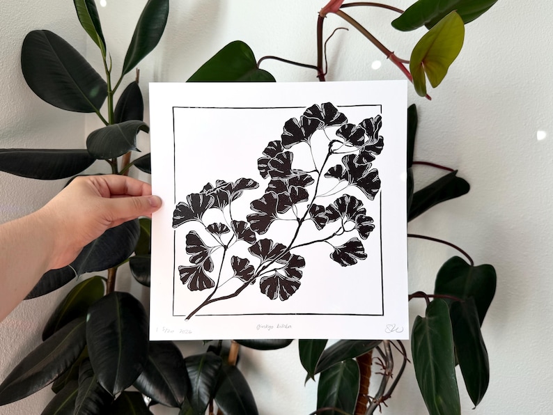an art print held in front of plants with a white wall behind. the print is a reproduction of a linocut in black ink on white paper. there is a branch of a ginkgo tree stretching from the bottom left corner up to the top right. it has about thirty leaves branching out from ten places on the branch in an asymmetric layout