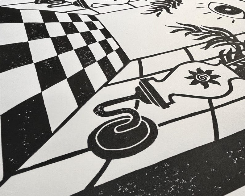 closeup of the bottom of the print. there is a pathway leading up to the doorway with a checkerboard pattern. with one point perspective, the path is widest at the bottom of the print and narrowest at the door