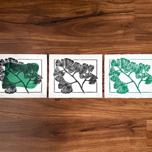 the print next two two other versions. one of the other prints is the black ginkgo image without the green blob, and the other is the ginkgo image printed in the same green color as the blob.