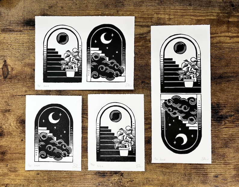 Four different prints made with the same two stamps. One is the print in this listing. The second has the two night and day arches side by side so neither is upside down. The third print has only the night arch, and the fourth has only the day arch.