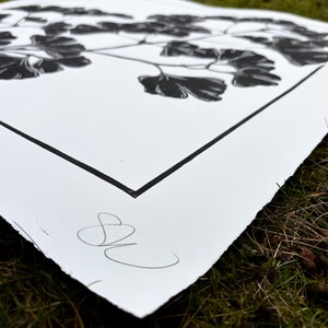 closeup of the lower right corner with the artists initials SK signed in pencil. theres a thin black border around the print with 2 inches of space between the border and the print edge all the way around. the branch hides the border in 4 places