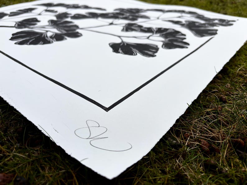 closeup of the lower right corner with the artists initials SK signed in pencil. theres a thin black border around the print with 2 inches of space between the border and the print edge all the way around. the branch hides the border in 4 places
