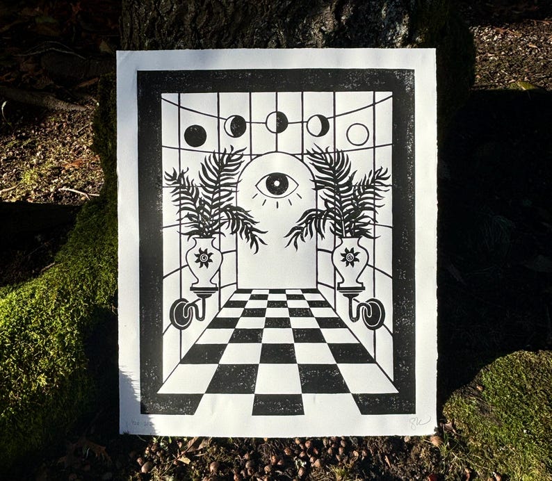 there is a 1 inch thick black border around the print and the checkerboard floor pattern extends past it along the bottom of the print. 
the paper edges are torn for a rustic natural look.