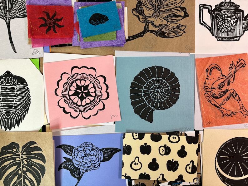 May include: A collection of 10 small, colorful cards with black and white linocut prints of various designs, including a flower, a nautilus shell, a frog playing a guitar, a sun, a ginkgo leaf, a monstera leaf, a citrus fruit, and a flower with leaves.