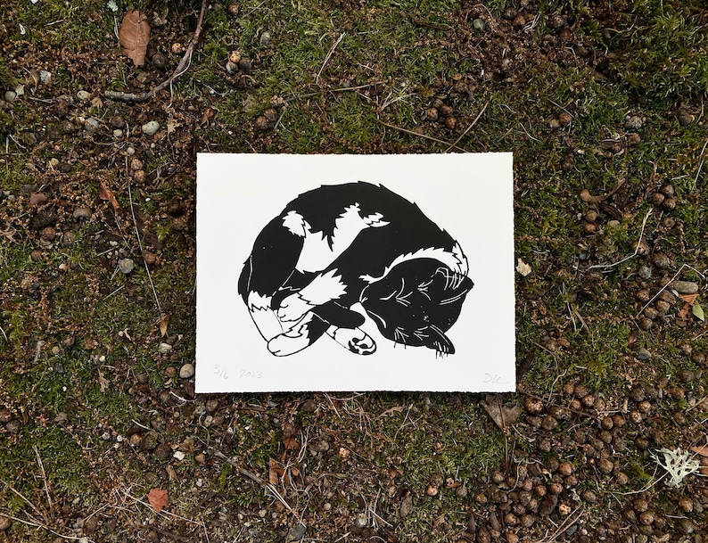 A horizontal black and white linocut print of a tuxedo cat sleeping. The cat has a black head and back with white belly and paws. It is laying on its left side with its four paws crossed over each other in front of its belly.