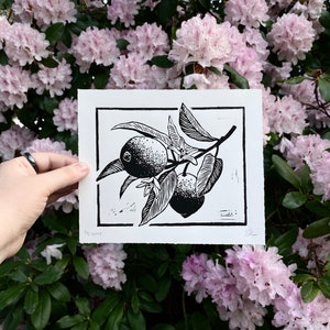 The same print held in front of pink rhododendron flowers