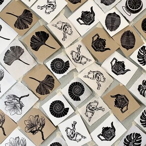 May include: A collection of black and white linocut prints featuring various designs, including leaves, flowers, teapots, and abstract shapes. The prints are arranged on a white surface.