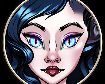 May include: A circular digital illustration featuring a face with pale skin, dark wavy hair, and striking bright blue cat-like eyes with vertical pupils. The figure has dark lips with visible fangs and is framed by a thin gold border on a black background.