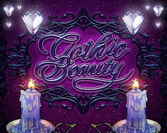 May include: A digital illustration featuring the text Gothic Beauty in a stylized script font. The background is a deep purple with a black ornate frame, glowing white hanging lanterns, and two light purple melting candles on gold plates.