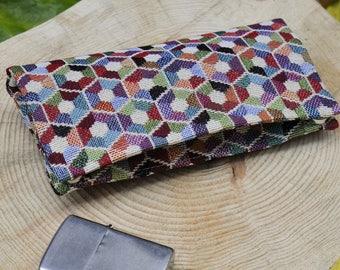 Rolling tobacco pouch, colorful hives tapestry fabric, mint thread and zipper, upholstery fabric, tobacco holder, smoke accessories