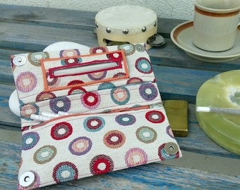 Rolling tobacco case, tapestry fabric, colorful dots, peach and red thread, smoke accessories, tobacco holder, tobacco pouch, handmade case