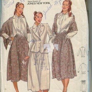 May include: Vintage Butterick sewing pattern 6041 showing three women in a blouse, skirt, and jacket outfit. The pattern includes measurements and the text "Quick! Butterick" and "Rena Rowan of Jones New York". The price is £1.60.