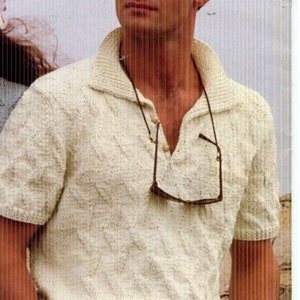 Men&#39;s Polo Style Short Sleeve Sweater, Buttons at Neck with Collar PDF Knitting Instructions Instant Download