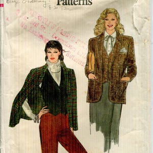 Vogue 7463 Misses' Semi Fitted Lined Hip Length Jacket & Below Waist Vest Pattern, 1980s Sizes 10, Notch Collar, Patch Pockets, CUT