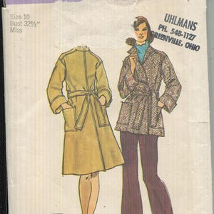 May include: Vintage Simplicity sewing pattern 6633, size 10, featuring illustrations of a belted coat and a herringbone jacket with matching pants. The pattern includes three main pieces and is from Jiffy, with the text "easy cut easy sew".