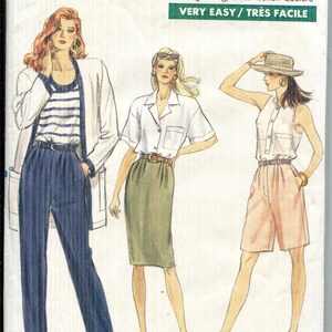 May include: Vogue pattern 7163 features illustrations of women's clothing designs. The pattern includes a variety of styles, such as a striped top, skirt, shorts, and a button-up shirt. The text on the pattern reads "Very Easy" and "Very Vogue".