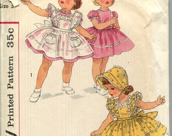 Pattern Toddlers Children&#39;s Girl Dress, Pinafore and Bonnet, Pinafore has square neckline, Simplicity 1896 Partial CUT 1950&#39;s-Size 3 Toddler