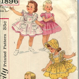Sukienka dla małych dziewczynek, fartuszek i czepek, fartuszek ma kwadratowy dekolt, prostota, 1896, częściowy krój, lata 50. XX wieku, rozmiar 3, dla małych dziewczynek