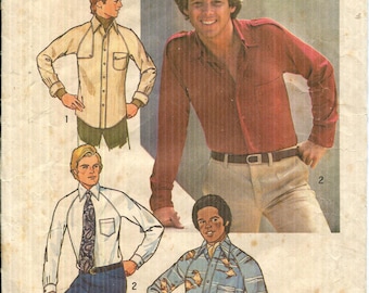 Pattern Men's Top Stitched Shirt, Front Band Button Closing-Back Pleat-Collar-Long Sleeves-Buttoned Cuffs CUT 1976 Simplicity 7585  Size 44