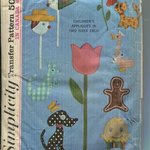 Vintage Children&#39;s Clothing Transfers Kangaroo, Dog, Cat.. More-Partially Used Simplicity 6259, 1965 Humpty Dumpty & Gingerbread Man Designs
