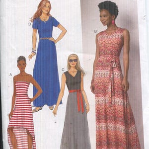 Puede incluir: Patrón de costura Butterick B6206 con ilustraciones de cuatro vestidos largos diferentes. Los vestidos incluyen un vestido a rayas sin tirantes, un vestido azul con mangas cortas, un vestido gris con cinturón rojo y un vestido estampado.