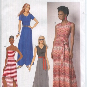 Puede incluir: Un sobre de patrón de costura Butterick B6206, con ilustraciones de cuatro vestidos de mujer. Los vestidos incluyen un vestido sin tirantes a rayas rojas y blancas, un vestido largo azul, un vestido gris con cinturón rojo y un vestido largo estampado.