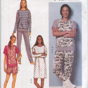May include: Butterick B6297 sewing pattern featuring sleepwear designs. The pattern includes options for a long-sleeved top and pants set, a short-sleeved top and shorts set, and a nightgown. The models are shown in various fabric patterns.