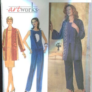May include: Simplicity 8661 sewing pattern featuring three women's outfits. The pattern includes a dress, jumpsuit, and a pantsuit. The outfits are in shades of blue, orange, and red. The pattern size is P, with measurements for sizes 12, 14, and 16.
