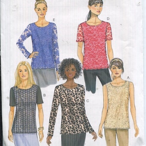 Puede incluir: Patrón de costura Butterick B6100 con varias blusas de mujer. El patrón incluye opciones para diferentes estilos, como un top de encaje de manga larga, un top de encaje de manga corta y una camiseta sin mangas. El patrón es para tallas 8-16.