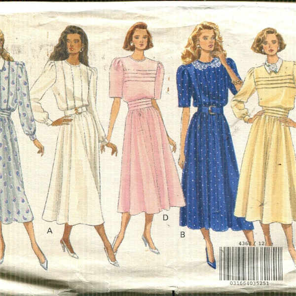 Pattern Misses' Dress Jewel Neckline, Loose Fitting Blouson Bodice, Flared Skirt- Butterick Classics 4368 Dated 1989-Sizes 12 14 16