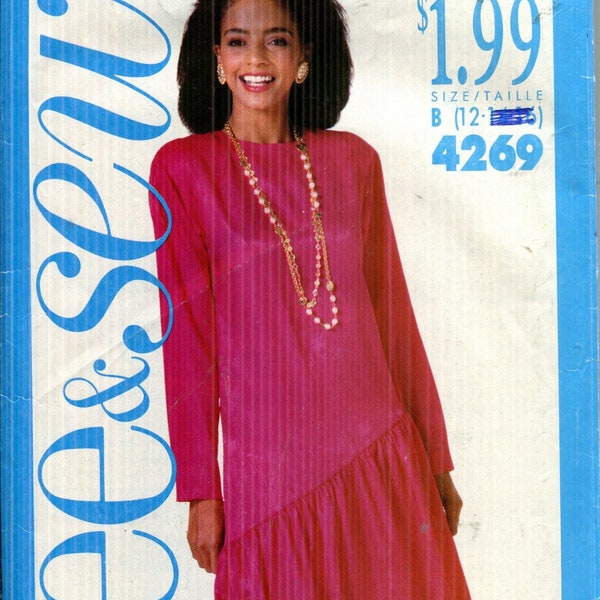 Pattern Misses' Pullover Dress, Below Mid Calf, Shaped Dropped Waist CUT *See Description-Butterick 4269 See and Sew Dated 1989 size B 12