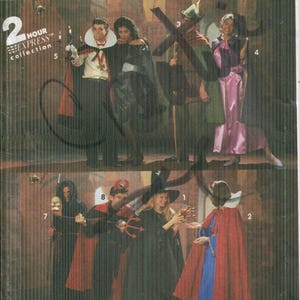 May include: Simplicity Costumes pattern featuring various Halloween costume designs. The image showcases a variety of costumes, including a witch, vampire, and other characters. The pattern is size A (SM-LG).