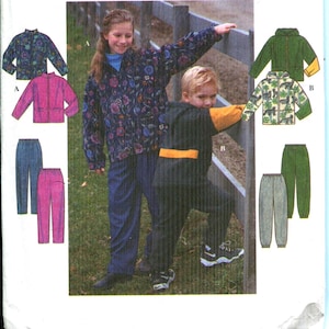 May include: Simplicity pattern 8342 for children's clothing. The image shows a girl and boy wearing outfits made from the pattern. The pattern includes jackets and pants in various colors and patterns. The price is $9.95.