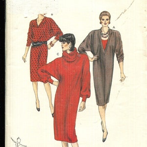 Pattern Misses&#39; Dress w/ Deep Armholes, Dropped Shoulders, Push up Sleeves, V Neckline or Cowl Neck Kwik Sew 1482-Date 1980s-See description