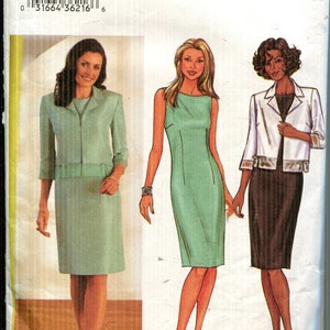 Op de afbeelding: Butterick patroon 3763 met drie damesmode-ontwerpen. De ontwerpen omvatten een rokpak, een kokerjurk en een rok- en jasensemble. Het patroon bevat maten 12, 14 en 16.