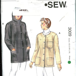 May include: Kwik Sew pattern 3009, featuring illustrations of two jackets. One is a dark gray hooded coat with toggle closures, and the other is a tan jacket with button closures and pockets. Sizes XS-XL.