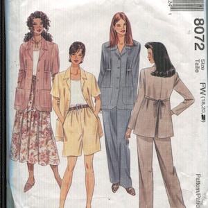 May include: McCall's sewing pattern 8072 featuring illustrations of women's suits and separates. The pattern includes a variety of styles, including blazers, shorts, and pants. The cover displays the McCall's logo and price.