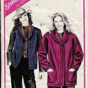 May include: A sewing pattern envelope for a Santa Fe coat and vest. The envelope features illustrations of the coat and vest, with bust sizes 30-46. The envelope is pink and white with the text "Stretch & Sew" and "Santa Fe Coat & Vest".