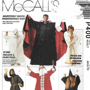 May include: A McCall's P400 sewing pattern envelope for adult costumes featuring illustrations of a ghost, a vampire with a black and red cape, an angel with wings, a hooded robe, a Santa Claus suit, and a witch with a pointed hat.