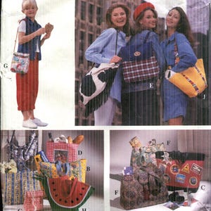 May include: Simplicity Crafts pattern 8852, featuring various bag designs. The image showcases several bags, including a cow-print bag, a plaid tote, and a watermelon-shaped bag. The pattern includes the text "Simplicity Crafts" and "ONE SIZE".