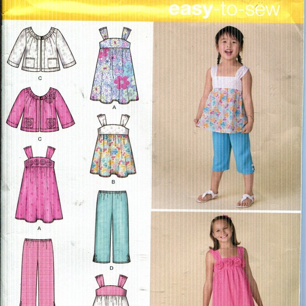 Pattern Girls Pullover Dress or Flared Top or Bubble Top, Jacket and Capri Pants UNCUT/FF Simplicity 2469- Dated 2004 -Sizes K5 7 8 10 12 14