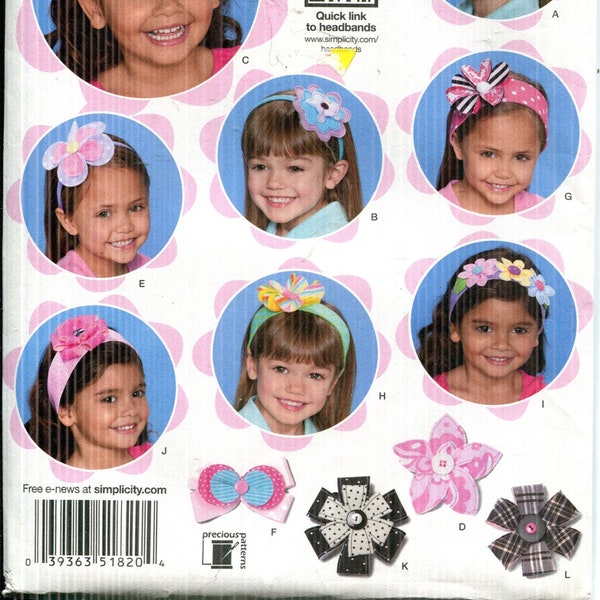 Pattern Childrens Girls Variety of Hairbands, Headbands 12 Styles with Embellishments UNCUT/FF Simplicity 1820-Dated 2012